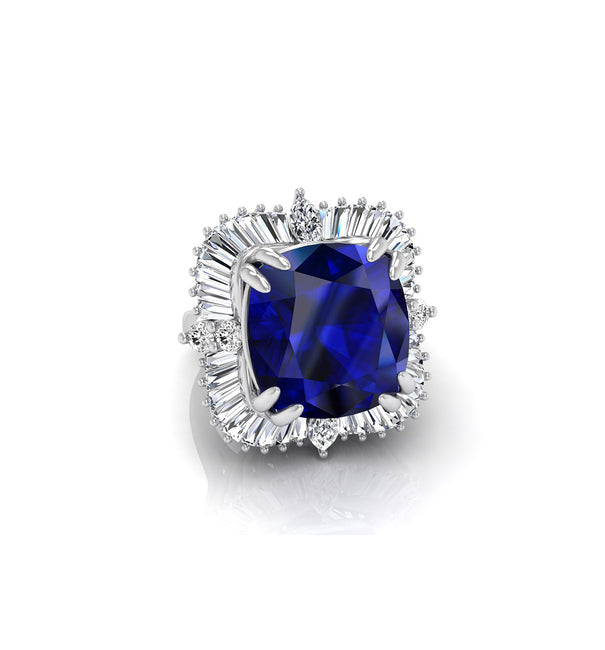 Blue Cushion CZ Stone Halo Cocktail Party Wear Ring