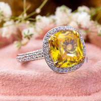 Yellow Cushion CZ Stone Halo Engagement Ring