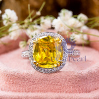 Yellow Cushion CZ Stone Halo Engagement Ring