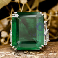 Green Emerald & White Baguette Cut CZ Seven Stone Cocktail Wedding Ring