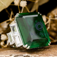 Green Emerald & White Baguette Cut CZ Seven Stone Cocktail Wedding Ring