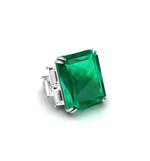 Green Emerald & White Baguette Cut CZ Seven Stone Cocktail Wedding Ring