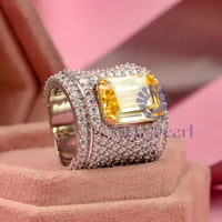 925 Silver Yellow Emerald Stone Halo Cocktail Ring