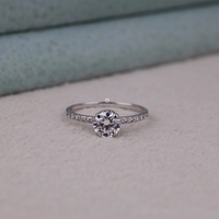 Silver ring with a diamond on a light gray surface, Classic Hidden Halo Ring, Ethical Moissanite Wedding Ring, Moissanite Proposal Ring