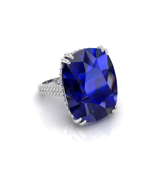 Blue Cushion Stone Hidden Halo Engagement Ring