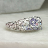 Old European Cut Moissanite Three Stone Art Deco Ring