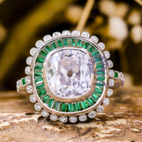 Old Mine Cut Stone Double Halo Vintage Style Ring