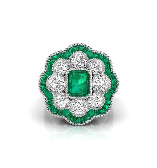 Green Emerald CZ Stone Floral Inspire Art Deco Ring