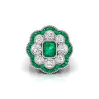 Green Emerald Cut CZ Stone Floral Inspire Art Deco Ring