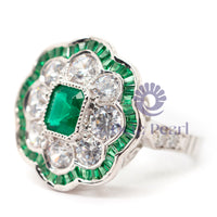 Green Emerald CZ Stone Floral Inspire Art Deco Ring