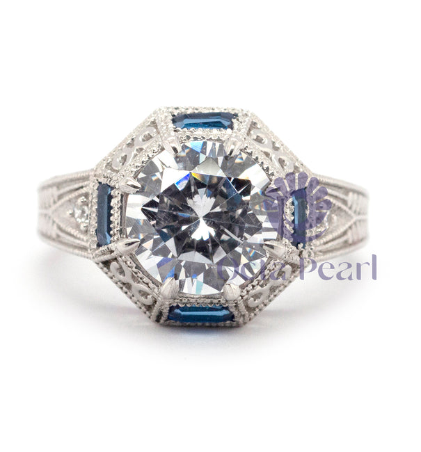 Round Stone Octagon Shape Filigree Art Deco Ring