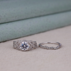 Round Moissanite Criss Cross Shank Bridal Ring Set - alternate view