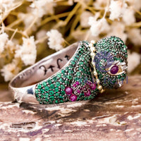 Green CZ Round Stone Cocktail Frog Ring 925 Silver