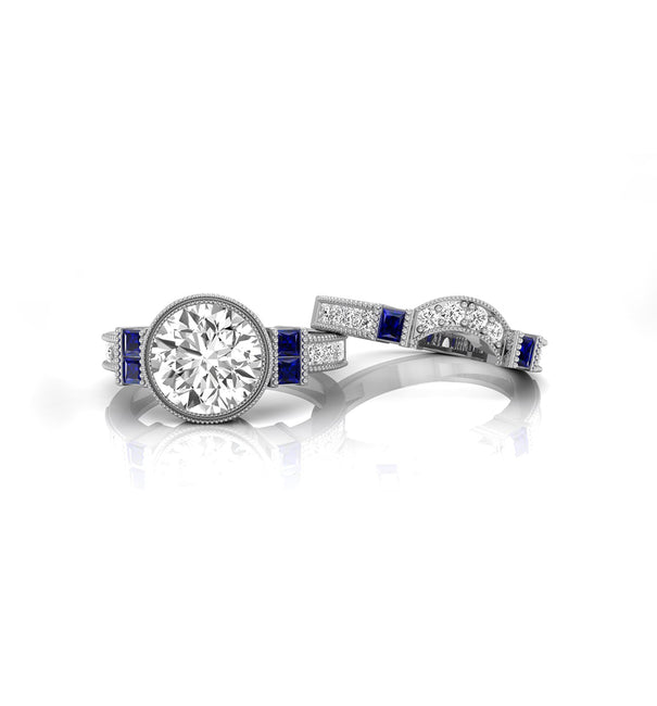 Round & Princess CZ Stone Milgrain Bridal Ring Set