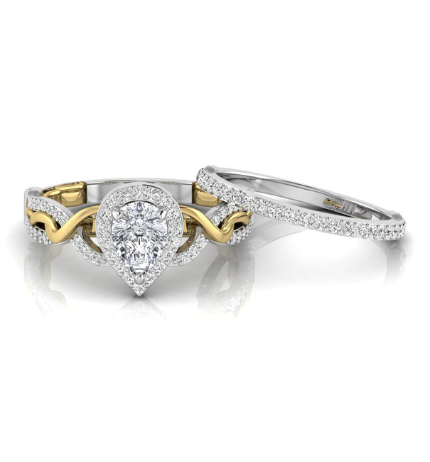 Pear Moissanite Halo Twisted Two Tone Gold Ring Set