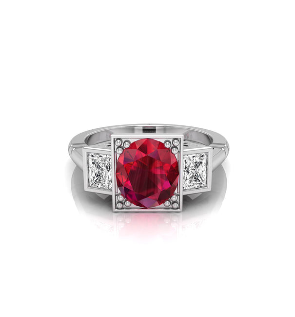 Pink Oval CZ Bezel Set Three Stone Wedding Ring