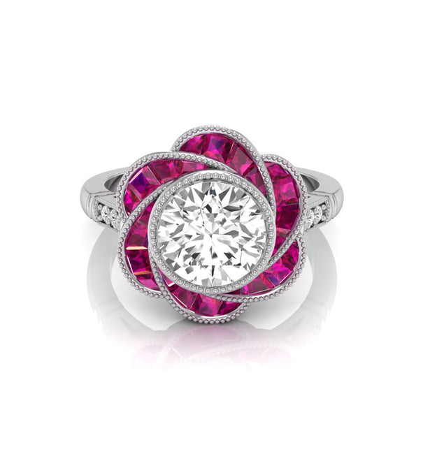 Milgrain Bezel Set Round CZ Stone Floral Inspire Ring