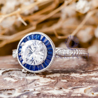 Round CZ Stone Sapphire Halo Target Art Deco Ring