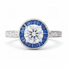 Round CZ Stone Sapphire Halo Target Art Deco Ring