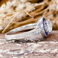 Round CZ Stone Sapphire Halo Target Art Deco Ring