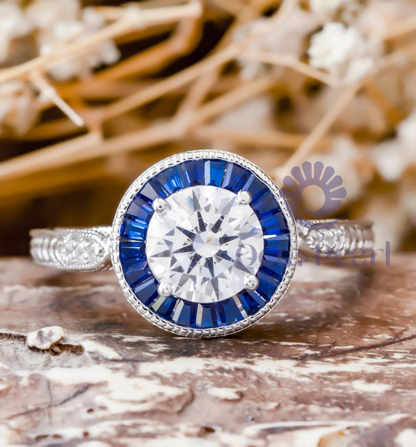 Round CZ Stone Sapphire Halo Target Art Deco Ring