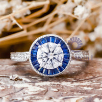 Round CZ Stone Sapphire Halo Target Art Deco Ring