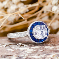 Round CZ Stone Sapphire Halo Target Art Deco Ring