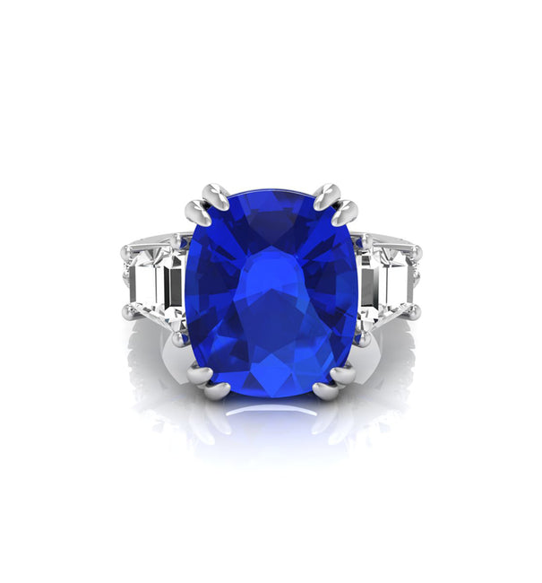 Womens Blue Cushion Three Stone With Accent Ring