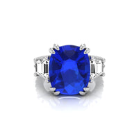 Womens Blue Cushion Three Stone With Accent Ring