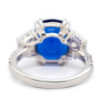 Womens Blue Cushion Three Stone With Accent Ring