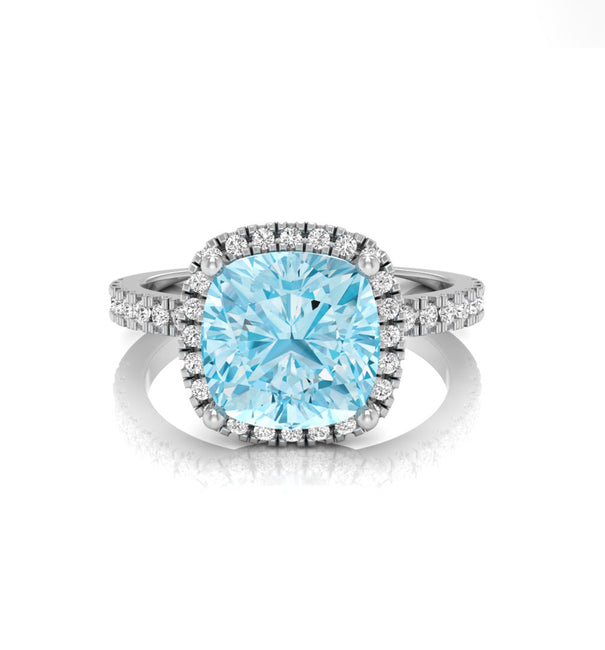 Aquamarine Cushion CZ Stone Halo Wedding Ring