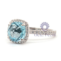 Aquamarine Cushion CZ Stone Halo Wedding Ring