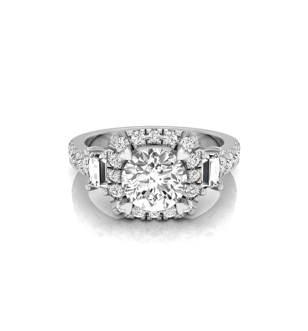 Round & Baguette Cut CZ Three Stone Halo Ring