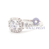 Baguette Cut CZ Three Stone Halo Ring