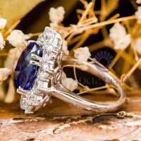 Blue Oval CZ Stone Sunburst Halo Ring