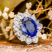 Blue Oval CZ Stone Sunburst Halo Ring For Valentine