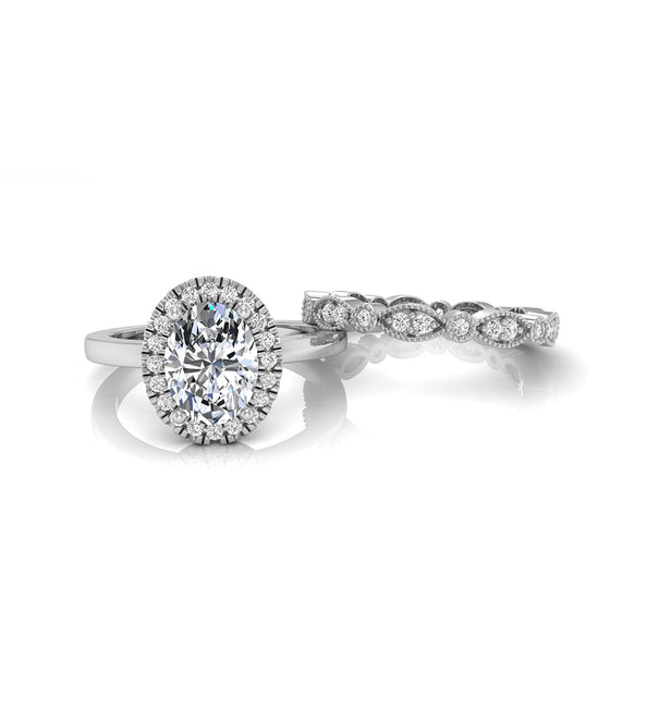 Oval Moissanite Halo Wedding Bridal Ring Set