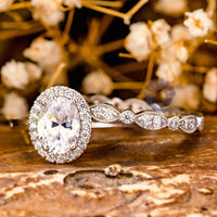 Oval Moissanite Halo Wedding Bridal Ring Set