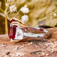 Red Cushion CZ Stone Past Present Future Ring