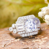 Round & Baguette CZ Stone Milgrain Edwardian Ring