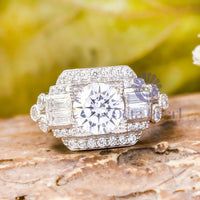 Round & Baguette CZ Stone Milgrain Edwardian Ring