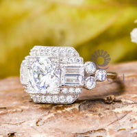 Round & Baguette CZ Stone Milgrain Edwardian Ring