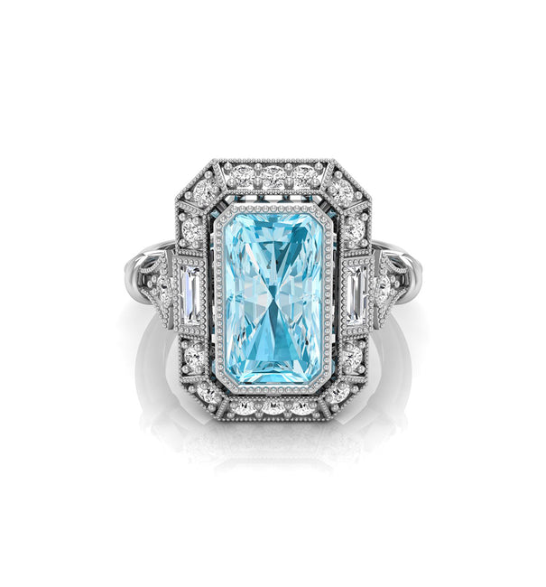 Aquamarine Radiant CZ Stone Halo Art Deco Ring