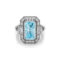 Aquamarine Radiant CZ Stone Halo Art Deco Ring