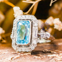 Aquamarine Radiant CZ Stone Halo Art Deco Ring