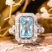 Aquamarine Radiant CZ Stone Halo Art Deco Ring