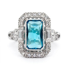 Radiant Cut Ice Blue CZ Vintage Halo Ring – Art Deco Statement