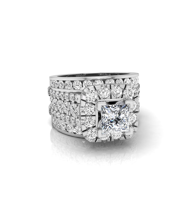 Princess CZ Stone Halo Wide Band Ring For Wedding