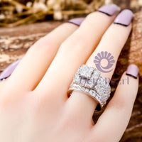 Princess CZ Stone Halo Wide Band Ring For Wedding