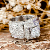 Princess CZ Stone Halo Wide Band Ring For Wedding